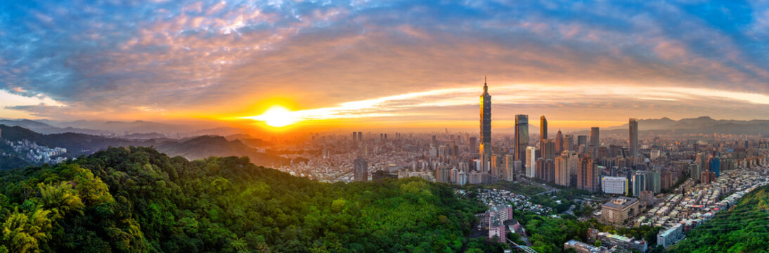 Panorama of Taipei cityscape at sunset in Taiwan.