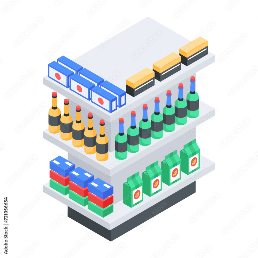 Wall mural handy isometric icon depicting supermarket shelves