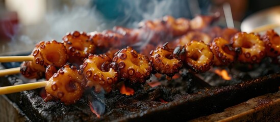Octopus skewer is a popular street food at fresh markets in Japan, cooked on a traditional Japanese BBQ grill. - obrazy, fototapety, plakaty