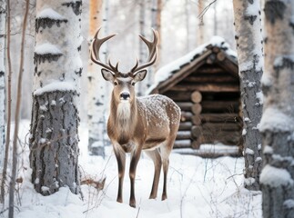 Naklejka na ściany i meble Deer in the forest in winter.