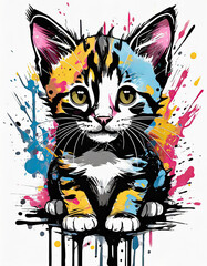 A graphic illustration of a colourful kitten on a white background