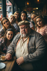 Fototapeta premium A group of fat plus-size overweight people standing next to each other sitting around a table in a bar. Man in middle and women next to him.