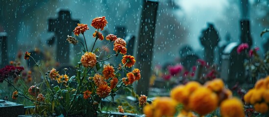 Rainy weather on All Saints' Day moistens the flowers on graves in the cemetery. - obrazy, fototapety, plakaty