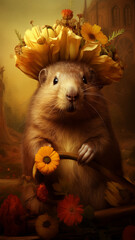 Beaver with followers on the head \wallpaper, background, AI generative Image

