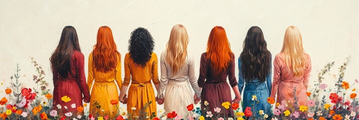 A lot of different women together back view, diverse female group, woman day, girl power and supporting, people diversity social issue concept, AI generated - obrazy, fototapety, plakaty
