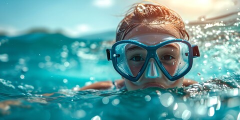 Naklejka premium Active swimmer with goggles enjoying ocean swim. summer lifestyle, water sports, holiday adventure. clear blue water, bright day. AI