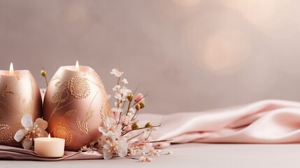 Gold and pink Easter Egg candles with spring flowers, Easter background concept