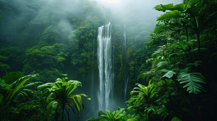 Majestic Waterfall in Lush very Green Rainforest