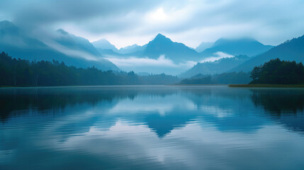 Misty Mountain Lake at Dawn Serene Landscape