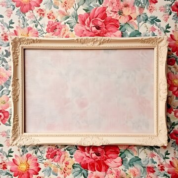 Vintage Bilderrahmen mit leerer heller Fl&auml;che vor romantischer Tapete mit roten und rosa Rosen