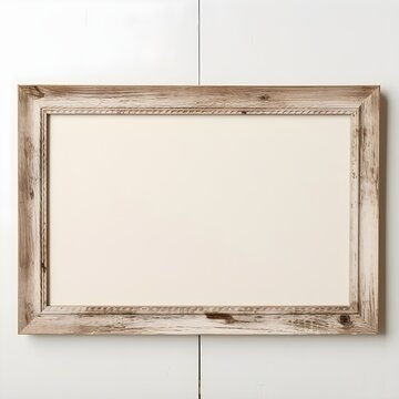 Leerer rustikaler Holz Bilderrahmen auf wei&szlig;em Hintergrund als minimalistisches Vintage Mockup