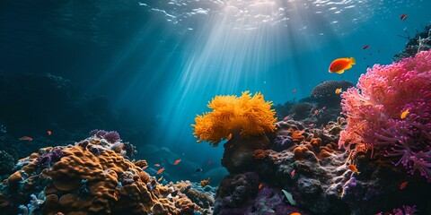 Underwater beauty: vibrant coral life bathing in sunlight, marine ecosystem majesty. serene and beautiful nature scene. AI