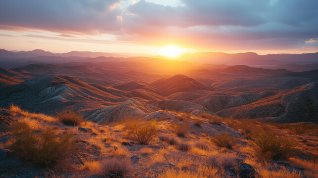 Desert Landscape at Golden Hour with Mountain Range - The sun sets behind a mountain range, casting a golden glow over the desert landscape and highlighting the textured grasses.