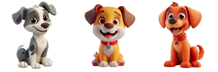 3D animated illustration of dogs with cute expressions. Many different colored dogs to choose from.