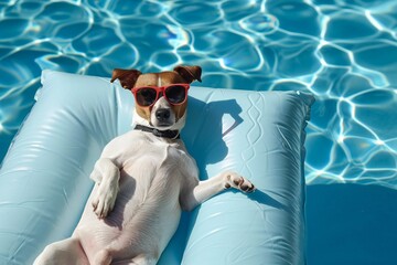jack Russell dog in sunglasses chilling on an inflatable mattress in water by the sea or swimming pool in summer holiday vacation - obrazy, fototapety, plakaty