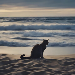 A cat is sitting on the beach watching the blue waves. 