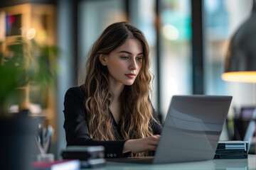 Focused Woman Working on Laptop in Office