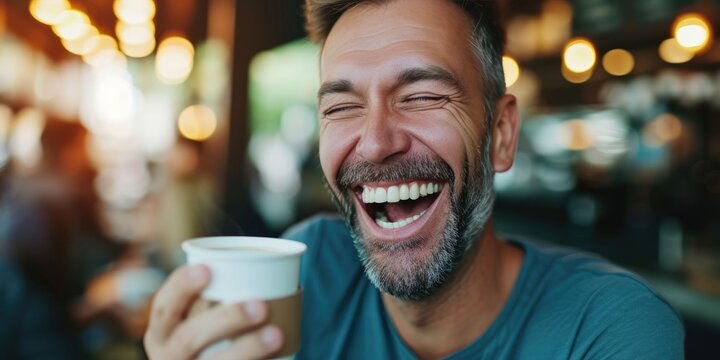 A Young Professional Drinking Coffee Laughing With Relief After A Long Working Night