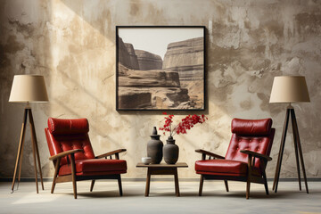 Picture a serene setting with two chairs in brown, white, and red colors against a blank wall, featuring an empty frame ready for your personal touch. 