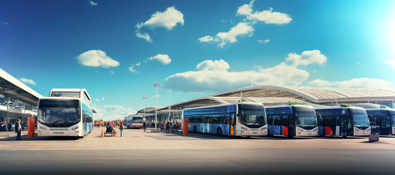 A row of buses parked in a parking lot.