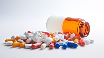 Close-up of spilled prescription pills, vitamin from a bottle, conceptual image of health and medicine, spilled pills