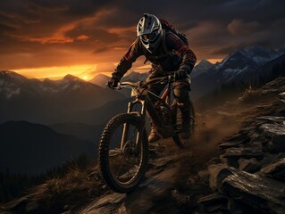 A man cycling at sunset on a mountain