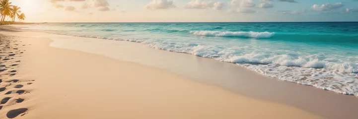  Tropical beach background with sea waves, white sand and foam - summer holiday panoramic top view background. Travel and beach vacation, copy space for text.  © pecherskiydotkz