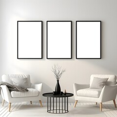 Sitzecke mit Bilderrahmen an der Wand / Wohnung Mockup / Wohnzimmer Mockup Vorlage / Ki-Ai generiert