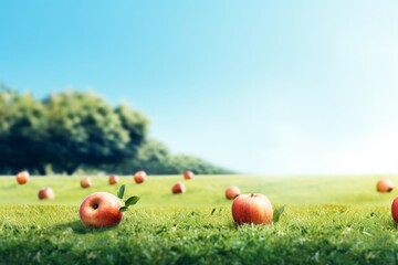 Fresh Apples Scattered on Lush Green Grass