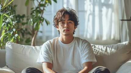 young japanese man sitting on the sofa
