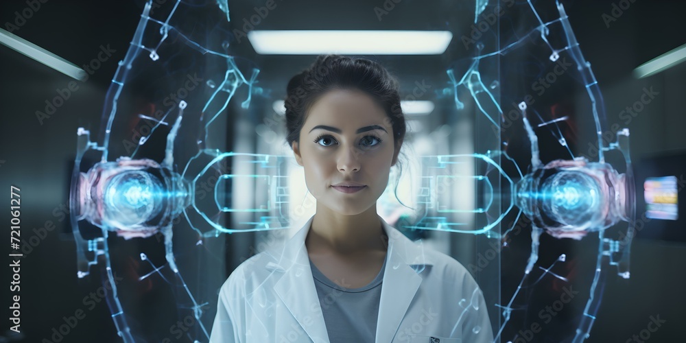 Poster futuristic female scientist with advanced technology interface. conceptual tech image. high-tech hea