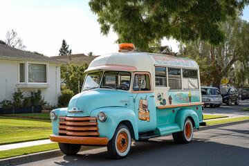 A retro styled ice cream truck parked in a suburban neighborhood