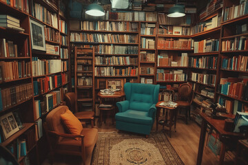 A retro styled bookstore with antique books and cozy reading nooks style