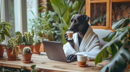Doberman working on laptop at home office, business man dog in bathrobe drinking coffee, study room with pots of greenery, work from home concept - obrazy, fototapety, plakaty