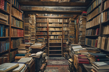 Vintage bookstore with shelves filled with leather bound books and old manuscripts