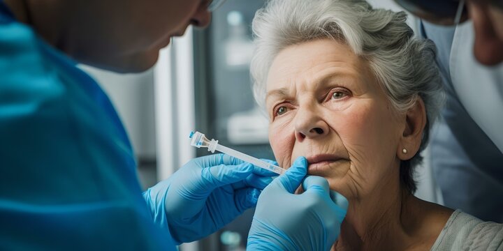 Elderly woman receiving a vaccine injection from a healthcare professional in a clinical setting. healthcare and immunization concept. AI