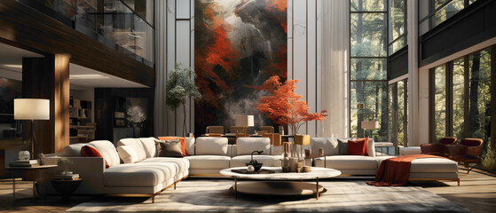 Picture an interior that radiates modern allure and uniqueness in a lounge setting. Envision the...