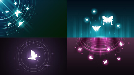 Set Abstract Collection Dark Background With Butterflies Insects Glow Light Shine Flashes Vector Design Style