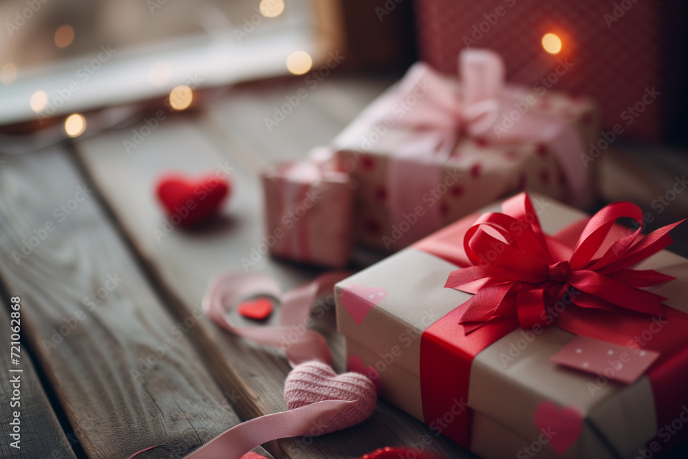 Poster valentine's day setting with multiple gift boxes adorned with heart patterns and ribbons, conveying 