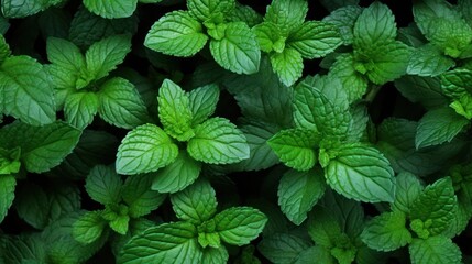 Fototapeta na wymiar Extreme Closeup of Mint Leaves - Highly Detailed Minimal Style Overhead View AI Generated