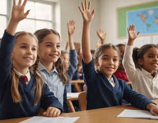 Students raising their hands in class at the elementary school