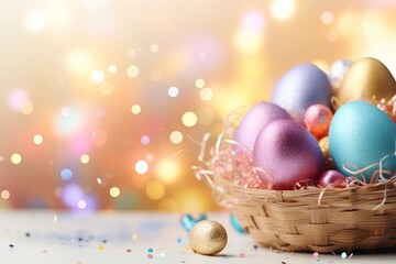 Fototapeta na wymiar Easter eggs in basket on bright golden bokeh background. Easter day. presentation. advertisement. copy text space.