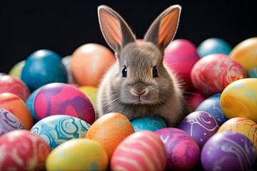 Fototapeta na wymiar rabbit bunny and colorful easter eggs on dark background. Easter day. presentation. advertisement. copy text space.