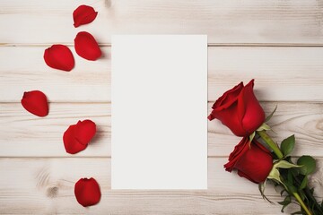 Blank white greeting card with red rose flower on bright wooden background. Valentine's day-wedding. Mockup presentation. advertisement. copy text space.