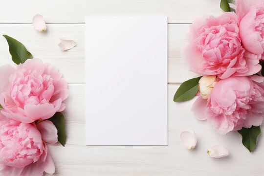 Blank white greeting card with pink peony flower on bright wooden background. Valentine's day-wedding. Mockup presentation. advertisement. copy text space.