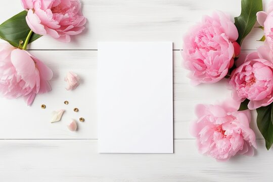 Blank white greeting card with pink peony flower on bright wooden background. Valentine's day-wedding. Mockup presentation. advertisement. copy text space.
