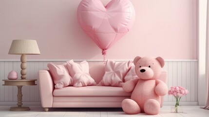 Pink teddy bear with a heart and a balloon in a cozy living room. Generative Ai