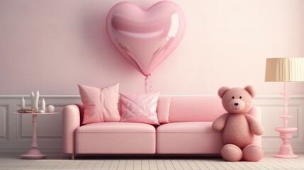 Pink teddy bear with a heart and a balloon in a cozy living room. Generative Ai