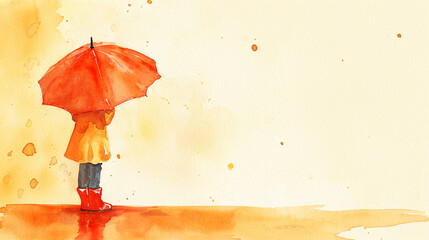 Ginger hair little child in red boots and with umbrella. Watercolor illustration. Children's day