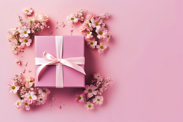Pink ift box and fresh flowers on light background. Copy space. Congratulating card